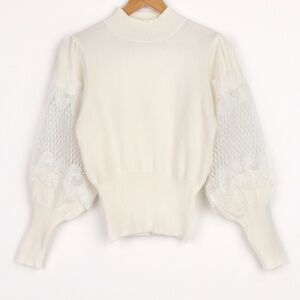 Lulus Dearest Details White Mock Neck Lace Sleeve Sweater - Size M